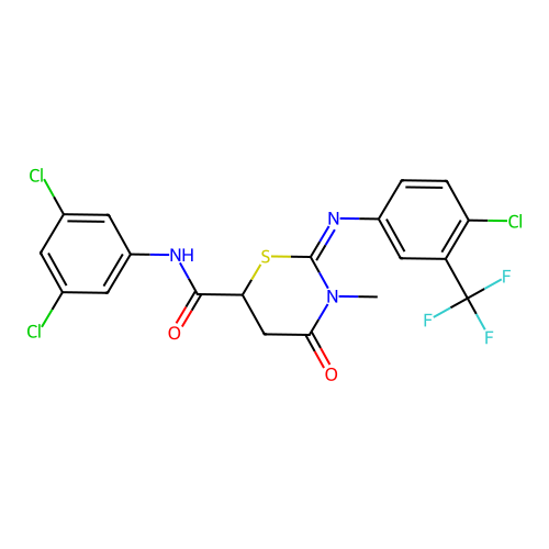 (2Z)-2-{[4-chloro-3-(trifluoromethyl)phenyl]imino}-N-(3,5-dichlorophenyl)-3-methyl-4-oxo-1,3-thiazinane-6-carboxamide structure