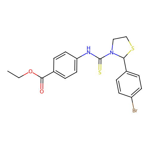 Ethyl 4-[[2-(4-bromophenyl)-1,3-thiazolidine-3-carbothioyl]amino]benzoate structure