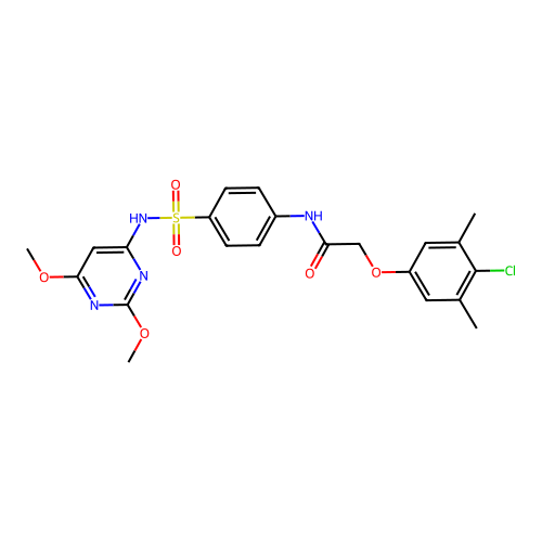 2-(4-chloro-3,5-dimethylphenoxy)-N-(4-{[(2,6-dimethoxy-4-pyrimidinyl)amino]sulfonyl}phenyl)acetamide structure
