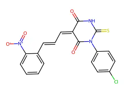 (5Z)-1-(4-chlorophenyl)-5-[(E)-3-(2-nitrophenyl)prop-2-enylidene]-2-sulfanylidene-1,3-diazinane-4,6-dione structure