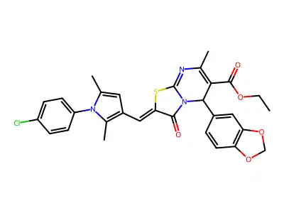 ethyl (2Z)-5-(1,3-benzodioxol-5-yl)-2-[[1-(4-chlorophenyl)-2,5-dimethylpyrrol-3-yl]methylidene]-7-methyl-3-oxo-5H-[1,3]thiazolo[3,2-a]pyrimidine-6-carboxylate structure