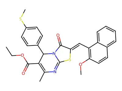ethyl (2Z)-2-[(2-methoxynaphthalen-1-yl)methylidene]-7-methyl-5-(4-methylsulfanylphenyl)-3-oxo-5H-[1,3]thiazolo[3,2-a]pyrimidine-6-carboxylate structure