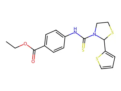 Ethyl 4-({[2-(thiophen-2-yl)-1,3-thiazolidin-3-yl]carbonothioyl}amino)benzoate structure