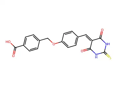 4-({4-[(4,6-dioxo-2-thioxotetrahydropyrimidin-5(2H)-ylidene)methyl]phenoxy}methyl)benzoic acid structure
