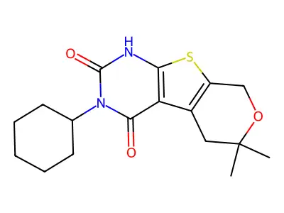 3-cyclohexyl-6,6-dimethyl-1,5,6,8-tetrahydro-2H-pyrano[4',3':4,5]thieno[2,3-d]pyrimidine-2,4(3H)-dione structure