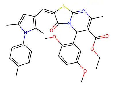 ethyl (2E)-5-(2,5-dimethoxyphenyl)-2-[[2,5-dimethyl-1-(4-methylphenyl)pyrrol-3-yl]methylidene]-7-methyl-3-oxo-5H-[1,3]thiazolo[3,2-a]pyrimidine-6-carboxylate structure