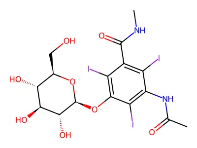 2,4,5-triiodo-3-acetamido-5-N-methylcarboxamidophenyl-D-glucopyranoside structure