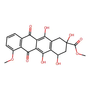 methyl 2,4,5,12-tetrahydroxy-7-methoxy-6,11-dioxo-3,4-dihydro-1H-tetracene-2-carboxylate structure