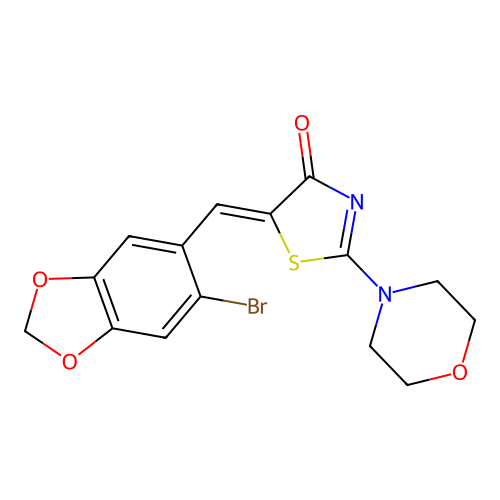 (5Z)-5-[(6-bromo-1,3-benzodioxol-5-yl)methylidene]-2-morpholin-4-yl-1,3-thiazol-4-one structure