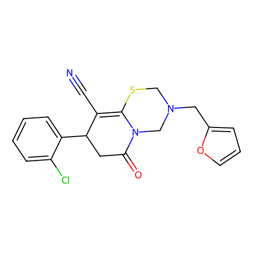 8-(2-chlorophenyl)-3-(furan-2-ylmethyl)-6-oxo-3,4,7,8-tetrahydro-2H,6H-pyrido[2,1-b][1,3,5]thiadiazine-9-carbonitrile structure