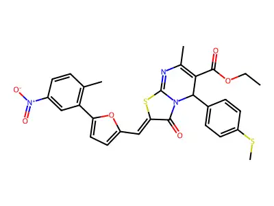 ethyl (2Z)-7-methyl-2-[[5-(2-methyl-5-nitrophenyl)furan-2-yl]methylidene]-5-(4-methylsulfanylphenyl)-3-oxo-5H-[1,3]thiazolo[3,2-a]pyrimidine-6-carboxylate structure