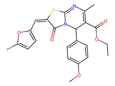 ethyl (2E)-2-[(5-iodofuran-2-yl)methylidene]-5-(4-methoxyphenyl)-7-methyl-3-oxo-5H-[1,3]thiazolo[3,2-a]pyrimidine-6-carboxylate structure