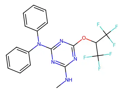 6-[(1,1,1,3,3,3-hexafluoropropan-2-yl)oxy]-N'-methyl-N,N-diphenyl-1,3,5-triazine-2,4-diamine structure