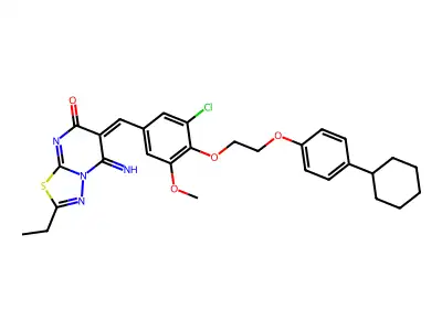 6-({3-Chloro-4-[2-(4-cyclohexylphenoxy)ethoxy]-5-methoxyphenyl}methylidene)-2-ethyl-5-imino-5,6-dihydro-7H-[1,3,4]thiadiazolo[3,2-a]pyrimidin-7-one structure