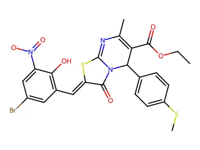 ethyl (2Z)-2-[(5-bromo-2-hydroxy-3-nitrophenyl)methylidene]-7-methyl-5-(4-methylsulfanylphenyl)-3-oxo-5H-[1,3]thiazolo[3,2-a]pyrimidine-6-carboxylate structure