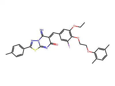 6-[[4-[2-(2,5-dimethylphenoxy)ethoxy]-3-ethoxy-5-iodophenyl]methylidene]-5-imino-2-(4-methylphenyl)-[1,3,4]thiadiazolo[3,2-a]pyrimidin-7-one structure