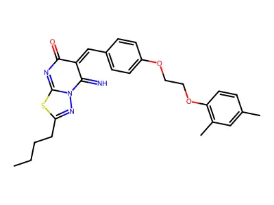 2-butyl-6-[[4-[2-(2,4-dimethylphenoxy)ethoxy]phenyl]methylidene]-5-imino-[1,3,4]thiadiazolo[3,2-a]pyrimidin-7-one structure