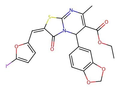 ethyl (2E)-5-(1,3-benzodioxol-5-yl)-2-[(5-iodofuran-2-yl)methylidene]-7-methyl-3-oxo-5H-[1,3]thiazolo[3,2-a]pyrimidine-6-carboxylate structure
