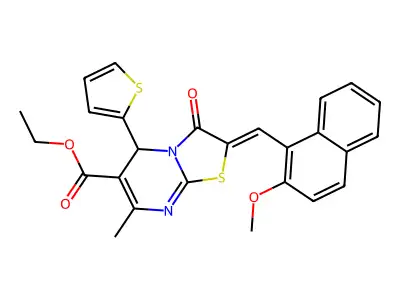 ethyl (2Z)-2-[(2-methoxynaphthalen-1-yl)methylidene]-7-methyl-3-oxo-5-thiophen-2-yl-5H-[1,3]thiazolo[3,2-a]pyrimidine-6-carboxylate structure