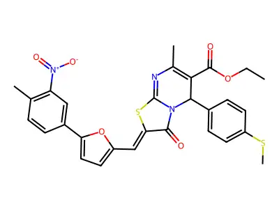 ethyl (2Z)-7-methyl-2-[[5-(4-methyl-3-nitrophenyl)furan-2-yl]methylidene]-5-(4-methylsulfanylphenyl)-3-oxo-5H-[1,3]thiazolo[3,2-a]pyrimidine-6-carboxylate structure