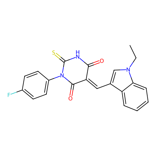 (5E)-5-[(1-ethyl-1H-indol-3-yl)methylidene]-1-(4-fluorophenyl)-2-sulfanylpyrimidine-4,6(1H,5H)-dione structure