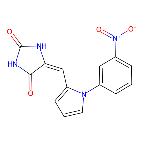 (5E)-5-{[1-(3-nitrophenyl)-1H-pyrrol-2-yl]methylidene}imidazolidine-2,4-dione structure