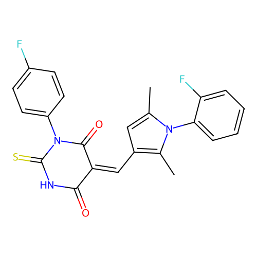 (5Z)-1-(4-fluorophenyl)-5-{[1-(2-fluorophenyl)-2,5-dimethyl-1H-pyrrol-3-yl]methylidene}-2-thioxodihydropyrimidine-4,6(1H,5H)-dione structure
