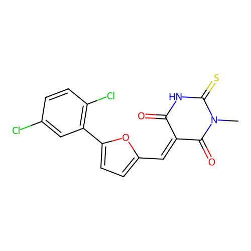 (5E)-5-{[5-(2,5-dichlorophenyl)furan-2-yl]methylidene}-1-methyl-2-thioxodihydropyrimidine-4,6(1H,5H)-dione structure