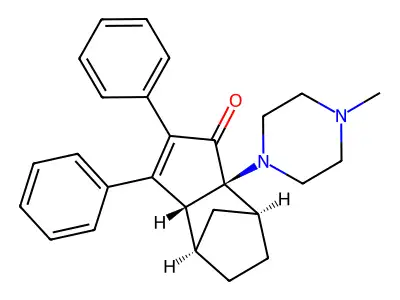 4,7-Methano-1H-inden-1-one, 3a,4,5,6,7,7a-hexahydro-2,3-diphenyl-7a-(4-methyl-1-piperazinyl)-,(3a-alpha,4-beta,7-beta,7a-alpha)- structure