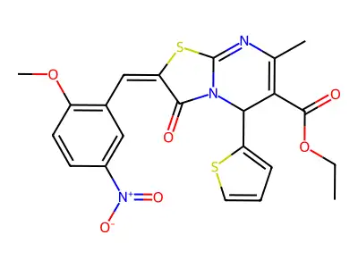 ethyl (2E)-2-[(2-methoxy-5-nitrophenyl)methylidene]-7-methyl-3-oxo-5-thiophen-2-yl-5H-[1,3]thiazolo[3,2-a]pyrimidine-6-carboxylate structure