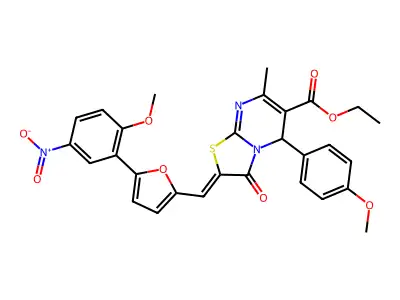 ethyl (2Z)-2-[[5-(2-methoxy-5-nitrophenyl)furan-2-yl]methylidene]-5-(4-methoxyphenyl)-7-methyl-3-oxo-5H-[1,3]thiazolo[3,2-a]pyrimidine-6-carboxylate structure
