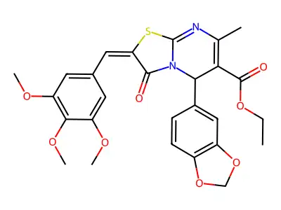 ethyl 5-(1,3-benzodioxol-5-yl)-7-methyl-3-oxo-2-(3,4,5-trimethoxybenzylidene)-2,3-dihydro-5H-[1,3]thiazolo[3,2-a]pyrimidine-6-carboxylate structure