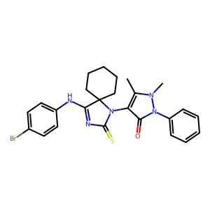 4-{(4Z)-4-[(4-bromophenyl)imino]-2-thioxo-1,3-diazaspiro[4.5]dec-1-yl}-1,5-dimethyl-2-phenyl-1,2-dihydro-3H-pyrazol-3-one structure