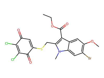 ethyl 6-bromo-2-{[(4,5-dichloro-3,6-dioxocyclohexa-1,4-dien-1-yl)sulfanyl]methyl}-5-methoxy-1-methyl-1H-indole-3-carboxylate structure