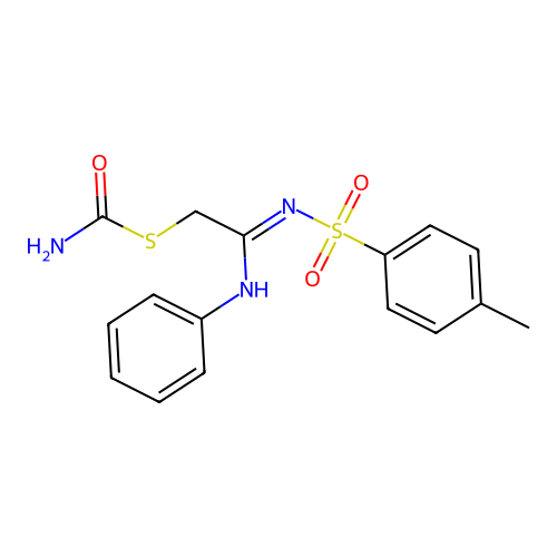 (Z)-2-(Carbamoylsulfanyl)-N'-(4-methylbenzenesulfonyl)-N-phenylethanimidamide structure