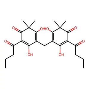 4,4'-Methylenebis(2-butanoyl-3,5-dihydroxy-6,6-dimethylcyclohexa-2,4-dien-1-one) structure