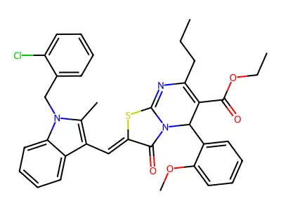 Ethyl 2-({1-[(2-chlorophenyl)methyl]-2-methyl-1H-indol-3-yl}methylidene)-5-(2-methoxyphenyl)-3-oxo-7-propyl-2,3-dihydro-5H-[1,3]thiazolo[3,2-a]pyrimidine-6-carboxylate structure
