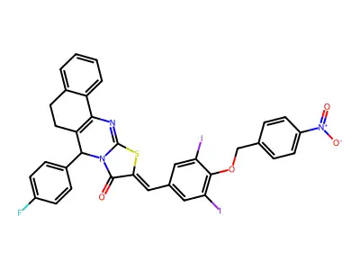 10-({3,5-Diiodo-4-[(4-nitrophenyl)methoxy]phenyl}methylidene)-7-(4-fluorophenyl)-5,7-dihydro-6H-benzo[h][1,3]thiazolo[2,3-b]quinazolin-9(10H)-one structure