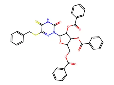 [3,4-dibenzoyloxy-5-(6-benzylsulfanyl-3-oxo-5-sulfanylidene-1,2,4-triazin-2-yl)oxolan-2-yl]methyl benzoate structure