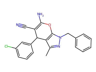 6-amino-4-(3-chlorophenyl)-3-methyl-1-(phenylmethyl)-4H-pyrano[2,3-c]pyrazole-5-carbonitrile structure