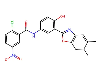 2-CHLORO-N-[3-(5,6-DIMETHYL-1,3-BENZOXAZOL-2-YL)-4-HYDROXYPHENYL]-5-NITROBENZAMIDE structure