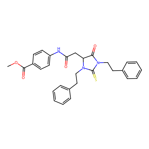 methyl 4-({[5-oxo-1,3-bis(2-phenylethyl)-2-thioxoimidazolidin-4-yl]acetyl}amino)benzoate structure