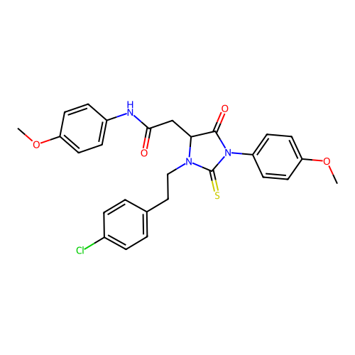 2-{3-[2-(4-chlorophenyl)ethyl]-1-(4-methoxyphenyl)-5-oxo-2-thioxoimidazolidin-4-yl}-N-(4-methoxyphenyl)acetamide structure