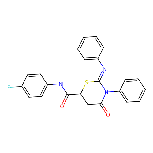 (2Z)-N-(4-fluorophenyl)-4-oxo-3-phenyl-2-(phenylimino)-1,3-thiazinane-6-carboxamide structure