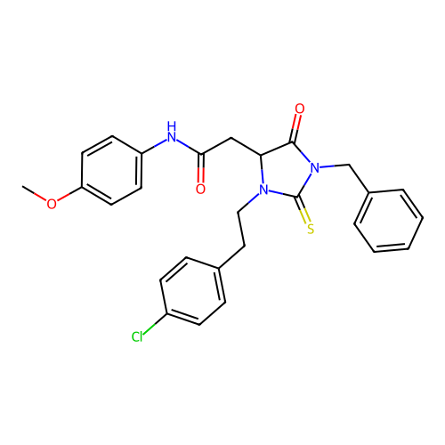2-{1-benzyl-3-[2-(4-chlorophenyl)ethyl]-5-oxo-2-thioxoimidazolidin-4-yl}-N-(4-methoxyphenyl)acetamide structure