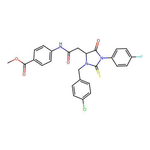 methyl 4-({[3-(4-chlorobenzyl)-1-(4-fluorophenyl)-5-oxo-2-thioxoimidazolidin-4-yl]acetyl}amino)benzoate structure