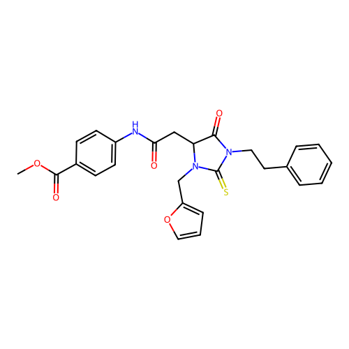 methyl 4-({[3-(furan-2-ylmethyl)-5-oxo-1-(2-phenylethyl)-2-thioxoimidazolidin-4-yl]acetyl}amino)benzoate structure