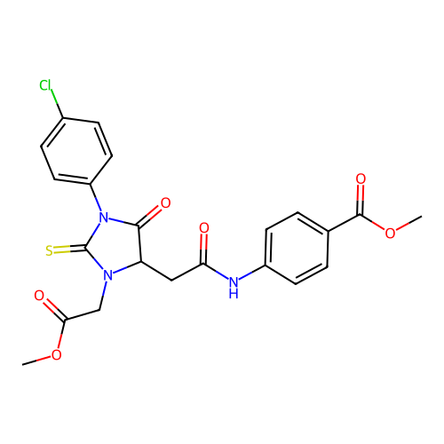 methyl 4-({[1-(4-chlorophenyl)-3-(2-methoxy-2-oxoethyl)-5-oxo-2-thioxoimidazolidin-4-yl]acetyl}amino)benzoate structure
