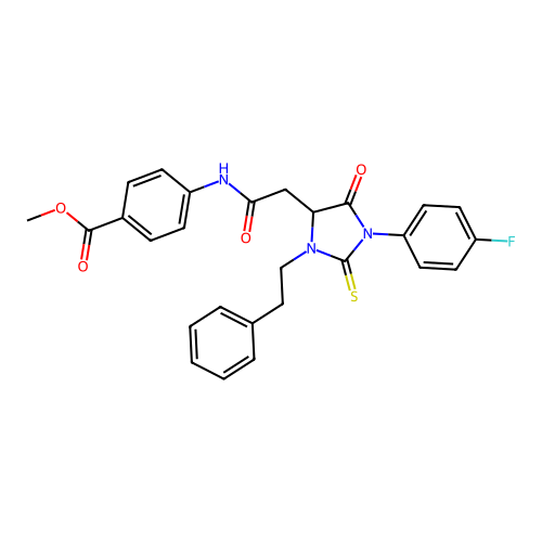 methyl 4-({[1-(4-fluorophenyl)-5-oxo-3-(2-phenylethyl)-2-thioxoimidazolidin-4-yl]acetyl}amino)benzoate structure