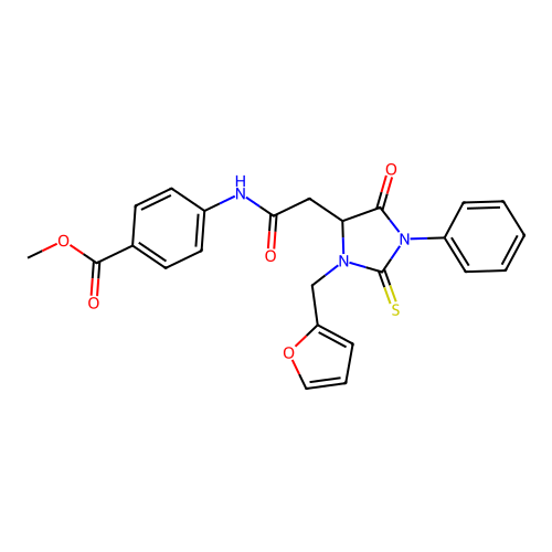 methyl 4-({[3-(furan-2-ylmethyl)-5-oxo-1-phenyl-2-thioxoimidazolidin-4-yl]acetyl}amino)benzoate structure